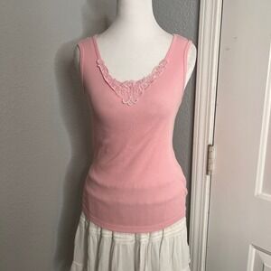 Y2K Ribbed‎ Tank Top Lace Trim Sleeveless Casual Blouse Pink Fitted size s